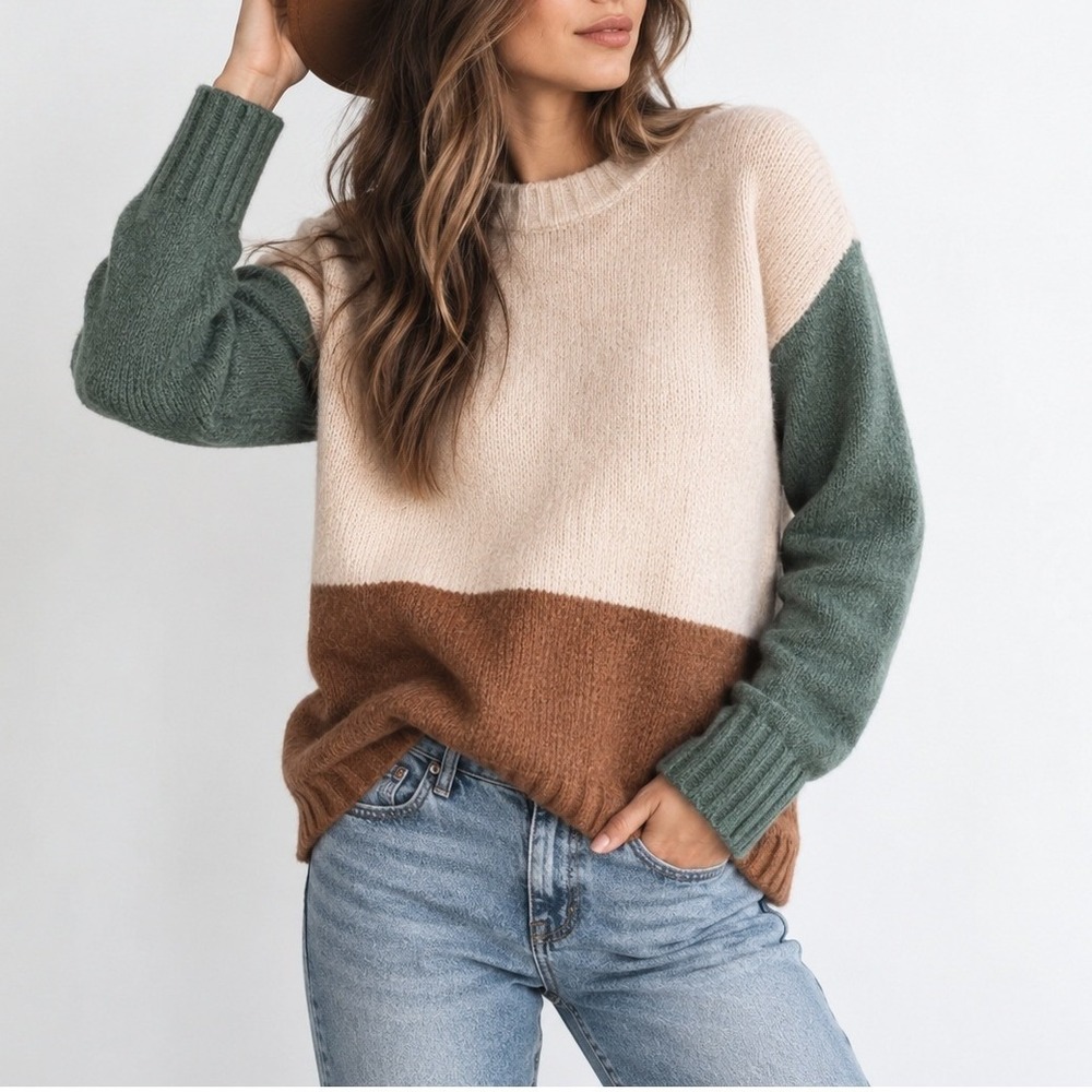 Baltic Born Randi Color Block Sweater Women's XS Neutral Tan Green Ribbed New